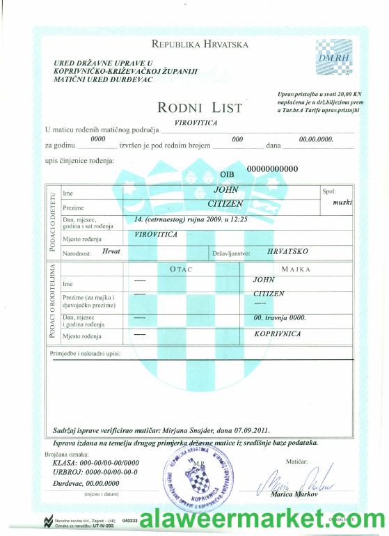 Croatia birth certificate